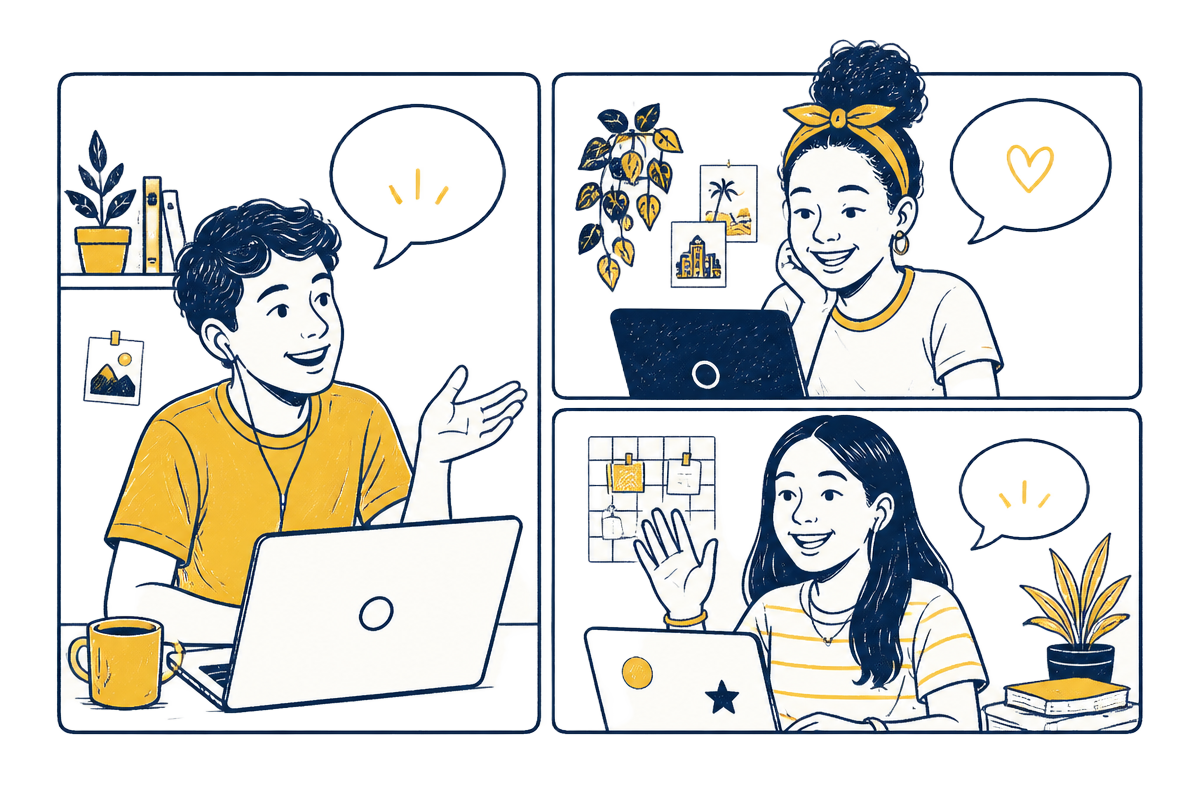 Ilustração de adolescentes brasileiros conversando em inglês em uma aula online